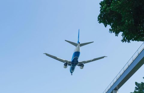 A low-flying airplane captured from below against a clear blue sky, near green trees and a structure.